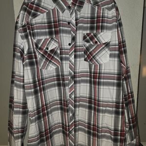Men's Plaid Button-Up Shirt - Black, Red, and White